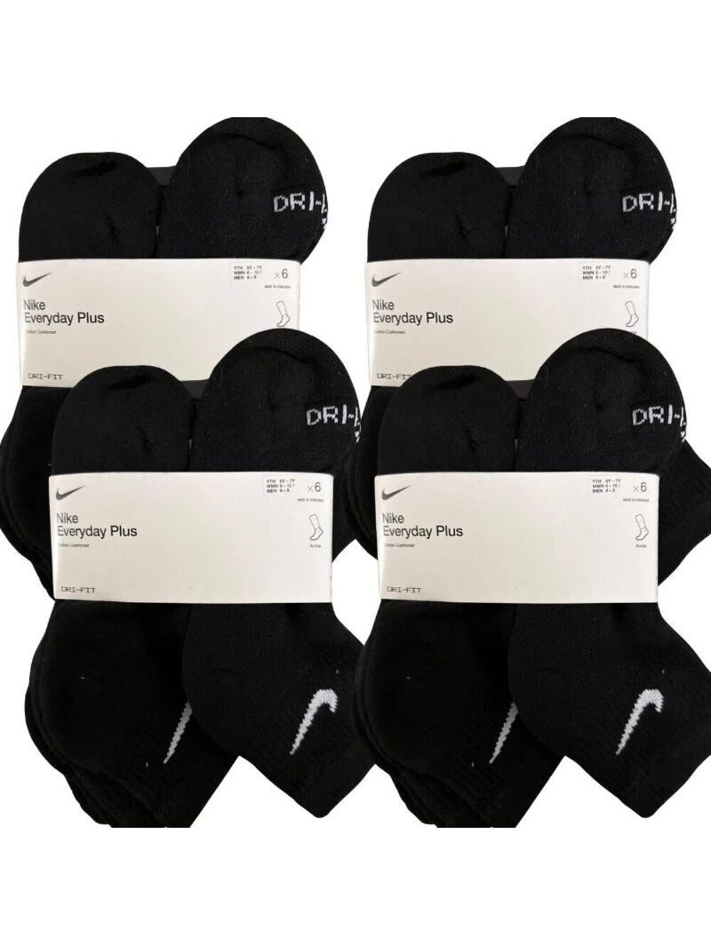 Nike Everyday Plus Dri-FIT Ankle Socks Black White M SX6899-010 4 Pack New